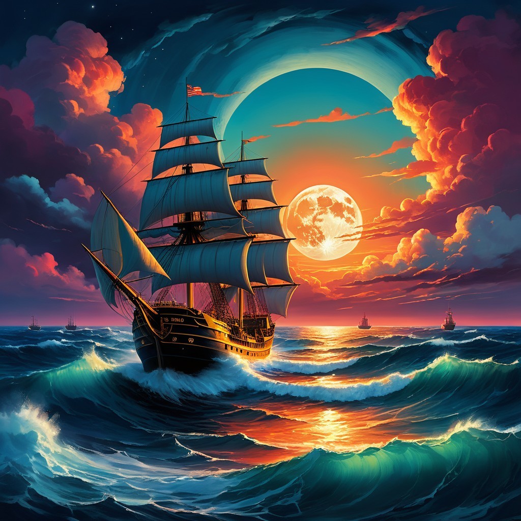 Majestic sailing ship at sunset on vibrant ocean waves