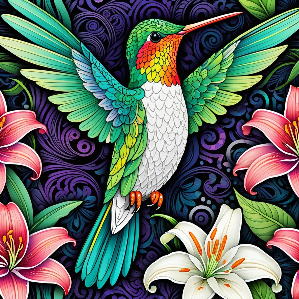 Vibrant Hummingbird Among Detailed Floral Patterns