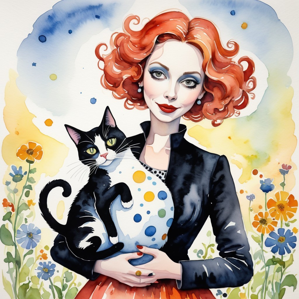 Whimsical Watercolor of Woman, Cat, and Flowers