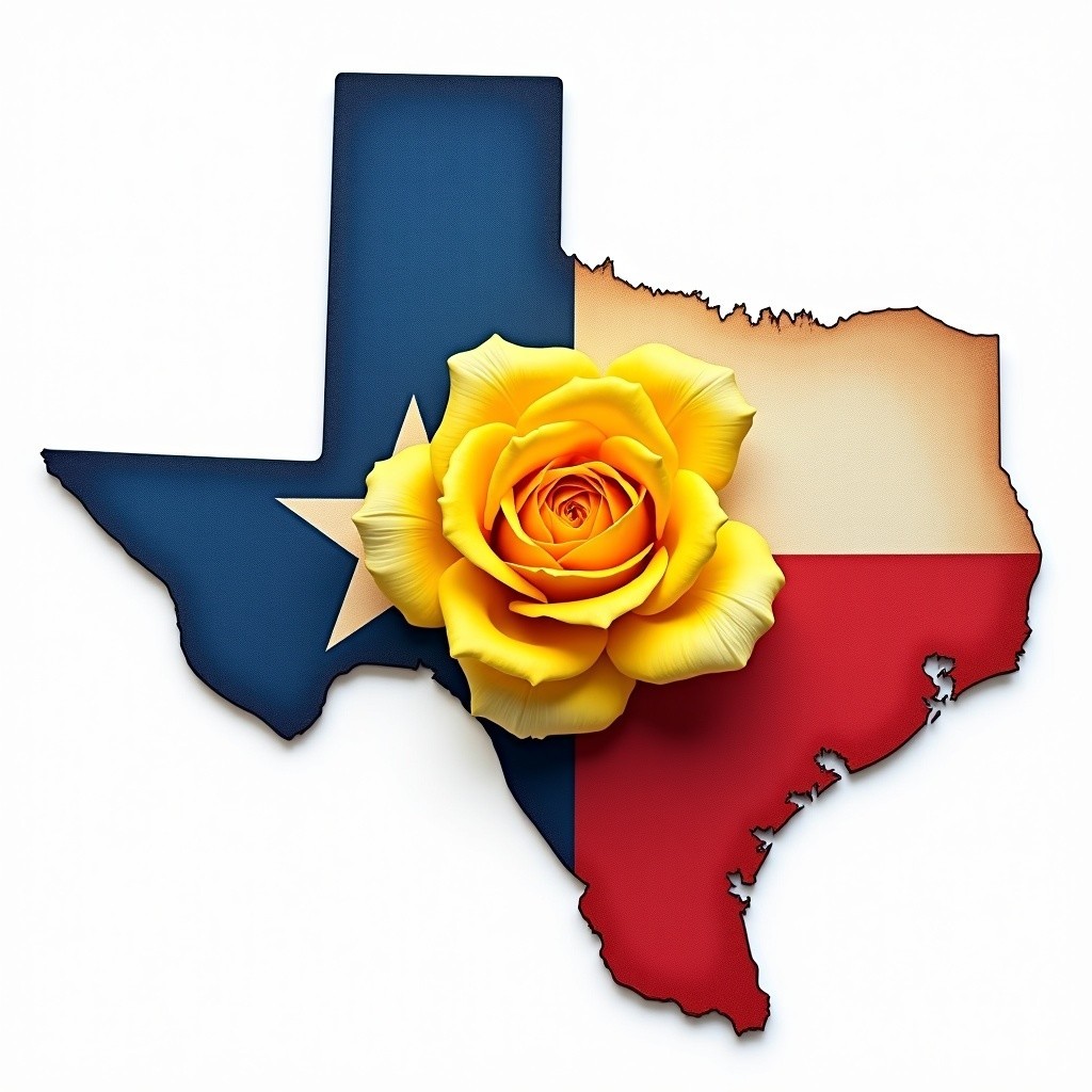 Texas Outline with Flag Colors and Yellow Rose Symbol