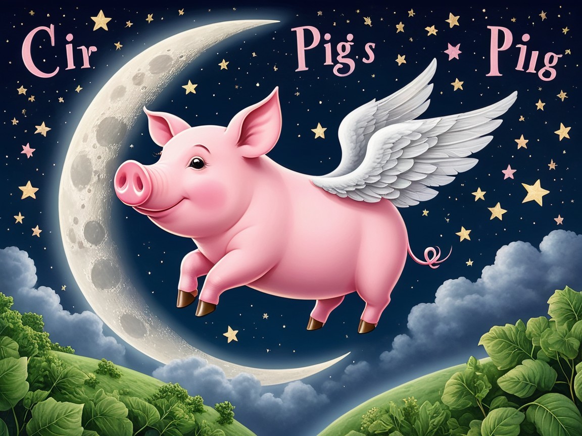 Whimsical Pink Pig with Wings in Starry Night Sky