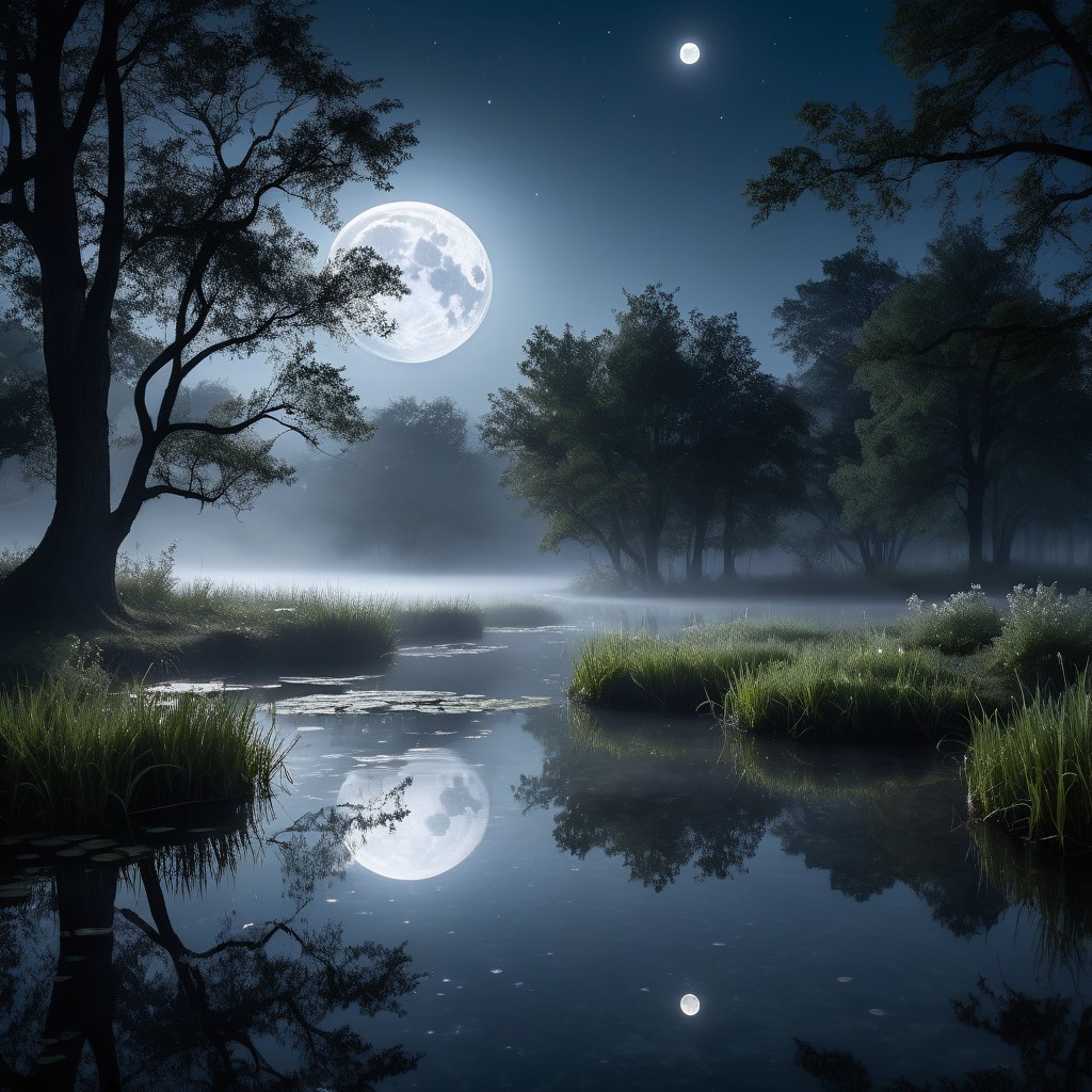 Tranquil River Scene Under a Full Moon at Night