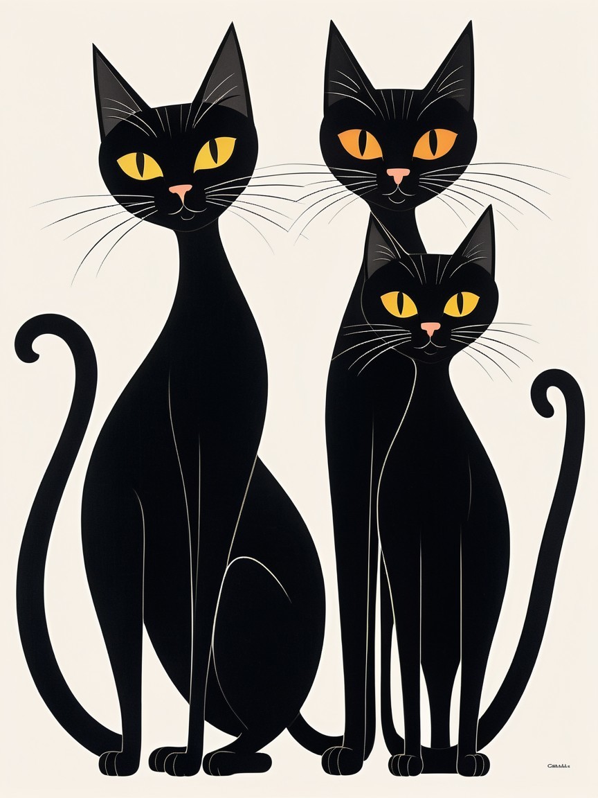 Stylized Black Cats with Yellow Eyes on Beige Background