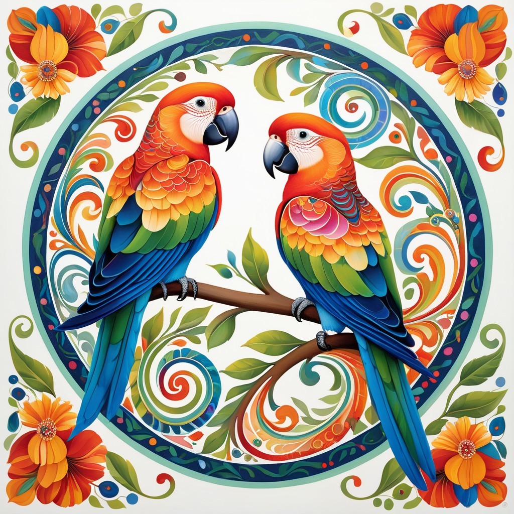 Vibrant Parrots and Floral Patterns in Bright Colors