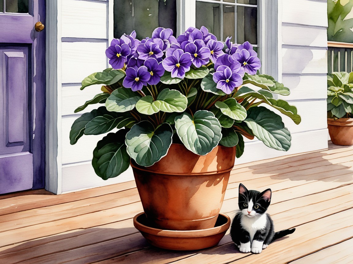 Vibrant Purple Violets and Playful Kitten on Porch