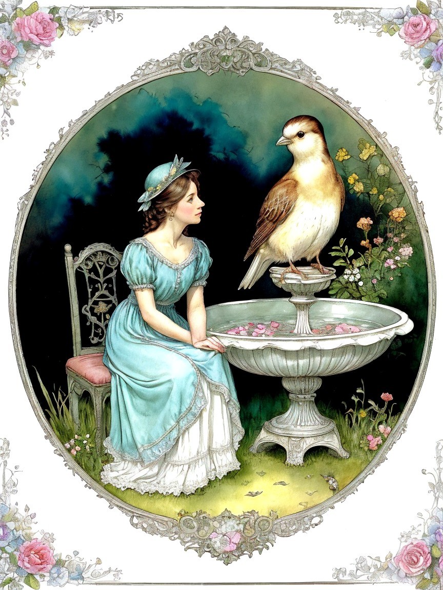 Young Woman by Fountain with Bird and Lush Greenery