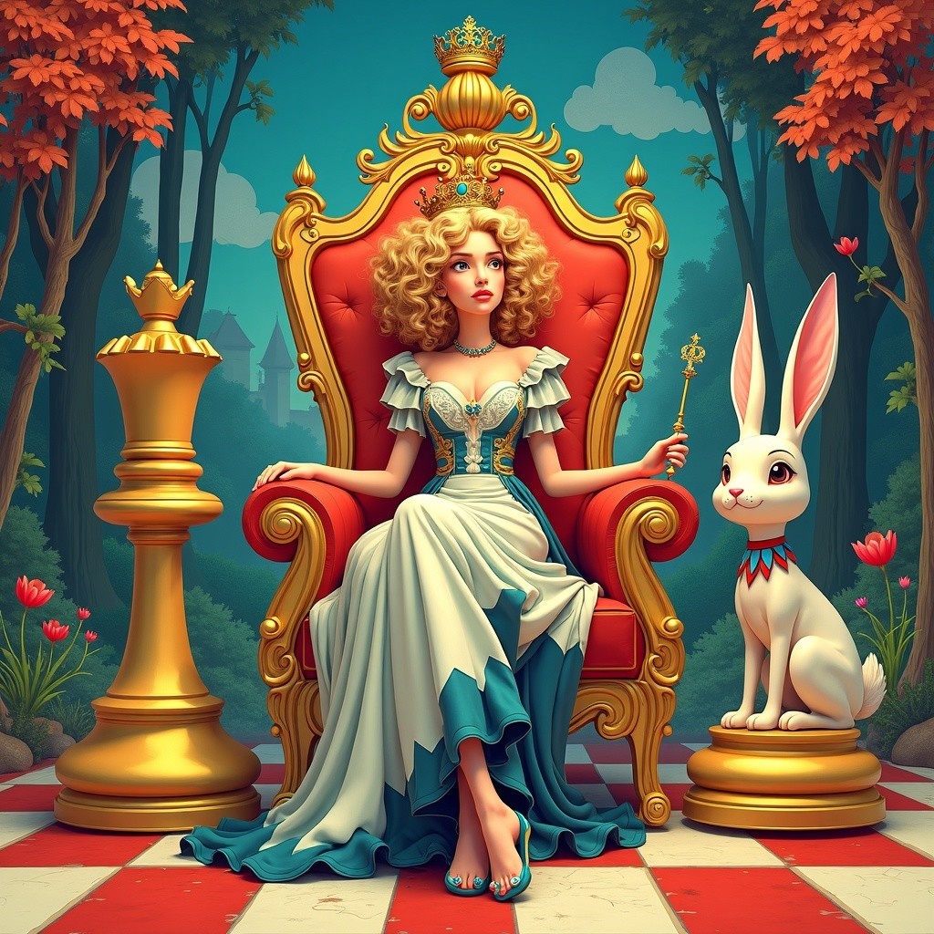 Queen on Golden Throne with White Rabbit in Forest