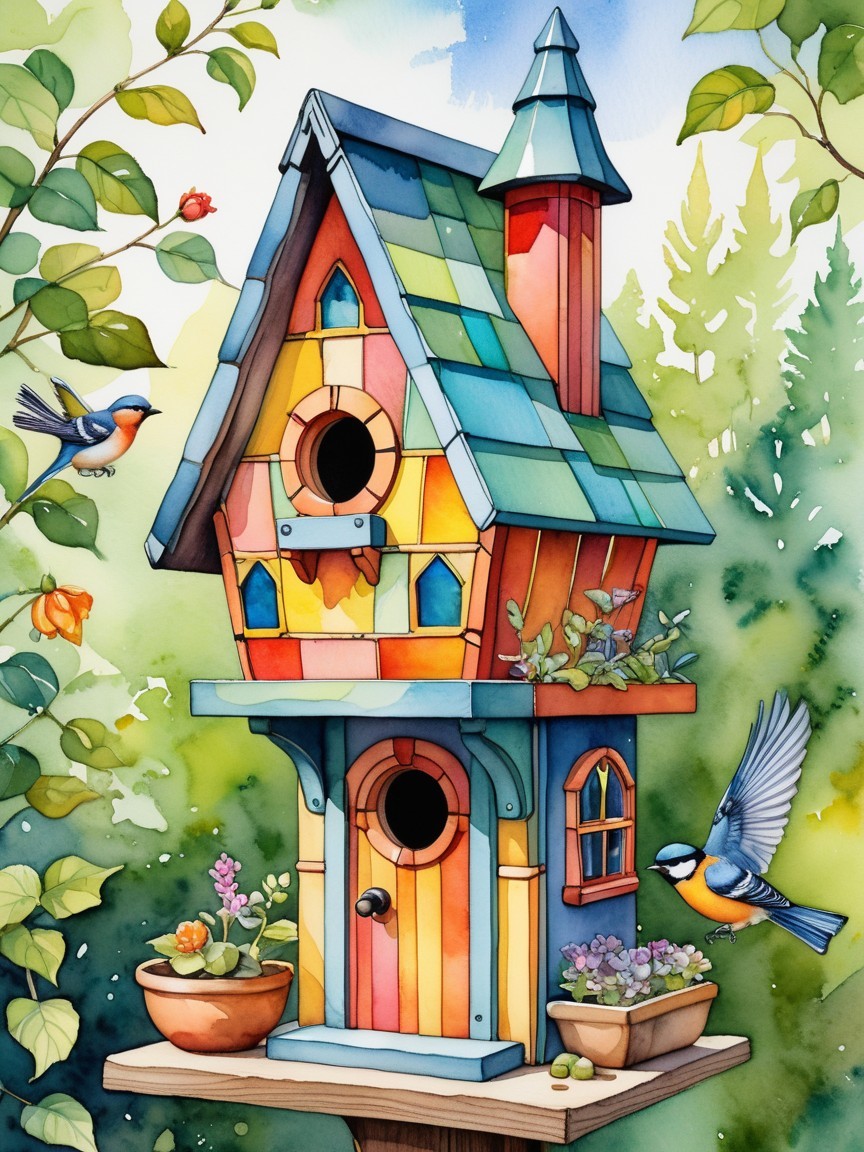 Colorful Birdhouse in a Lush Garden Setting