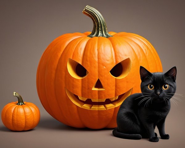 Carved pumpkins and a black cat in a fall setting