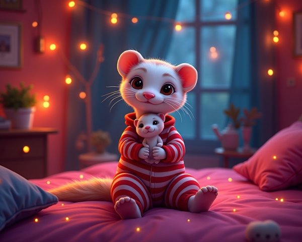 Cozy Bedroom with Cartoon Ferret and Whimsical Decor