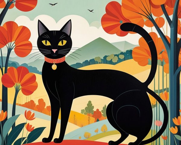 Black Cat with Golden Eyes in Vibrant Landscape
