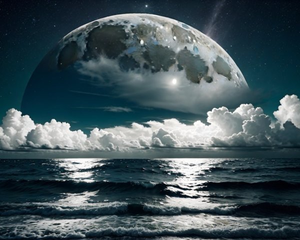 Surreal Moonlit Ocean Scene with Starry Sky