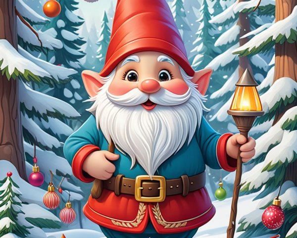 Cheerful gnome in snowy forest with colorful ornaments