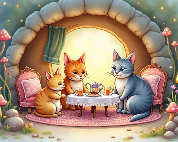 Cats Enjoying Tea in a Cozy Whimsical Setting