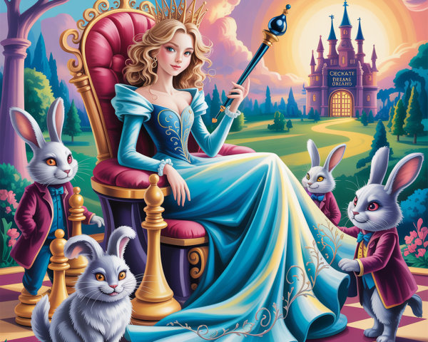 Regal queen in blue gown with whimsical rabbits and castle