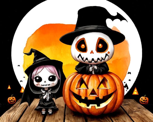Whimsical Halloween Scene with Pumpkin Figures and Bats