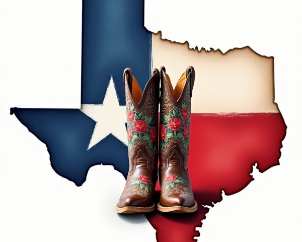 Texas Silhouette with Cowboy Boots and State Flag Colors
