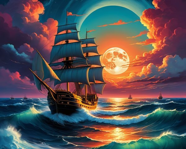 Majestic sailing ship at sunset on vibrant ocean waves