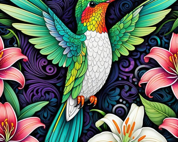 Vibrant Hummingbird Among Detailed Floral Patterns