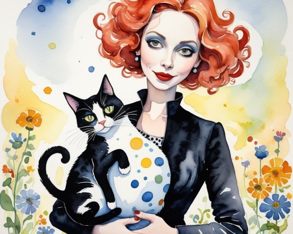 Whimsical Watercolor of Woman, Cat, and Flowers