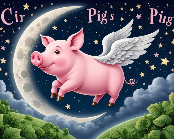Whimsical Pink Pig with Wings in Starry Night Sky