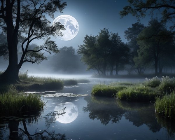 Tranquil River Scene Under a Full Moon at Night