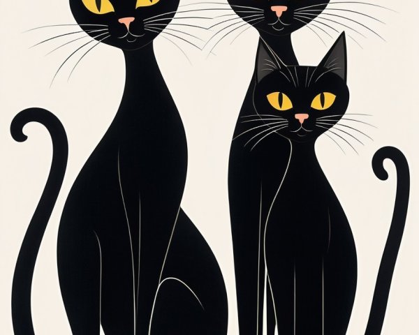 Stylized Black Cats with Yellow Eyes on Beige Background