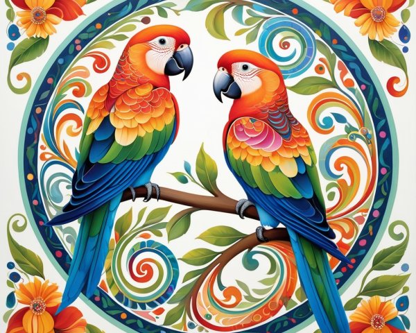 Vibrant Parrots and Floral Patterns in Bright Colors