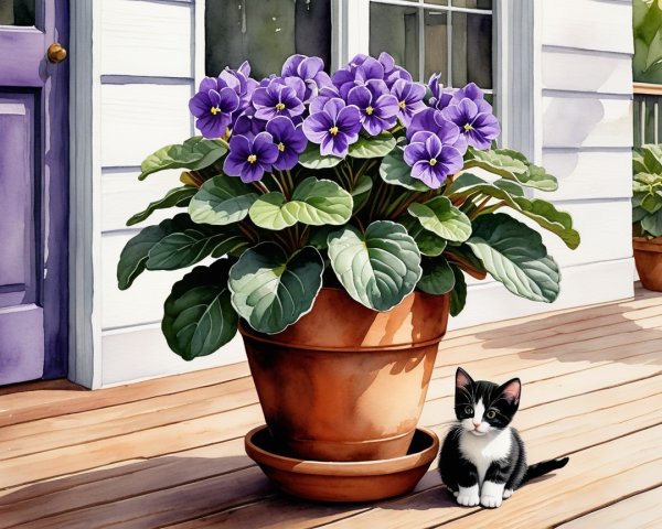 Vibrant Purple Violets and Playful Kitten on Porch