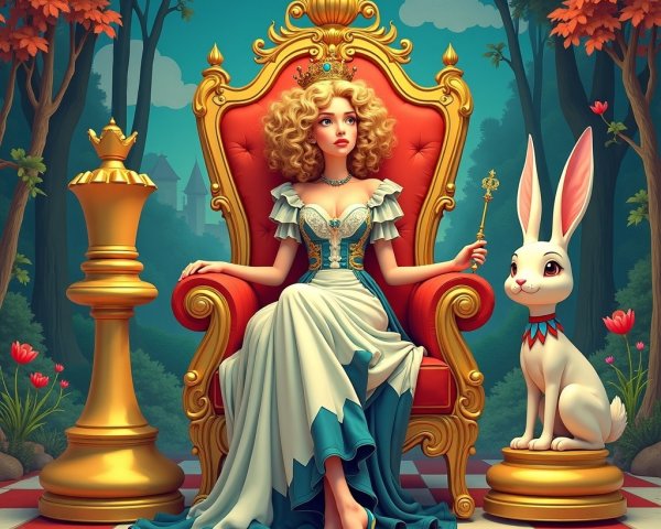 Queen on Golden Throne with White Rabbit in Forest