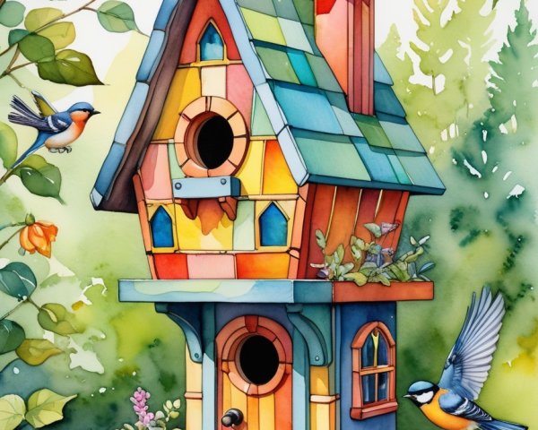 Colorful Birdhouse in a Lush Garden Setting