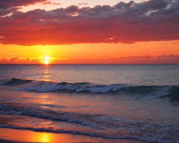 Vibrant Sunset Over Ocean with Gentle Waves