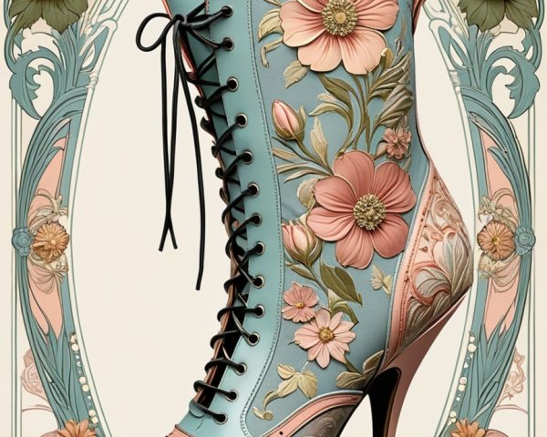 Vintage Light Blue High-Heeled Boot with Floral Design