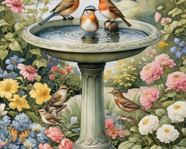 Serene garden with birdbath and colorful flowers