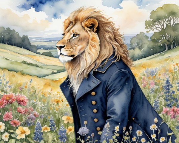 Lion in a Colorful Meadow with Rolling Hills