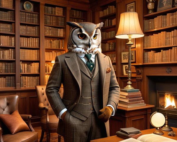 Owl-Headed Figure in Elegant Library Setting