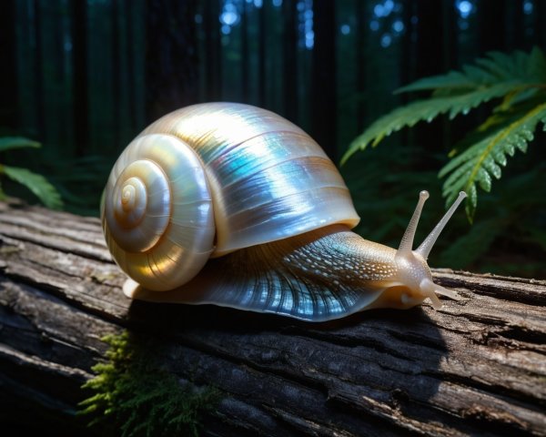 Iridescent Snail on Weathered Log in Lush Forest