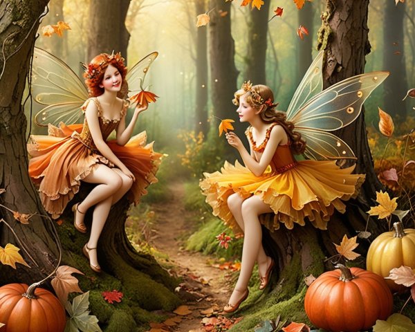 Fairies in Autumn Forest with Colorful Leaves and Pumpkins