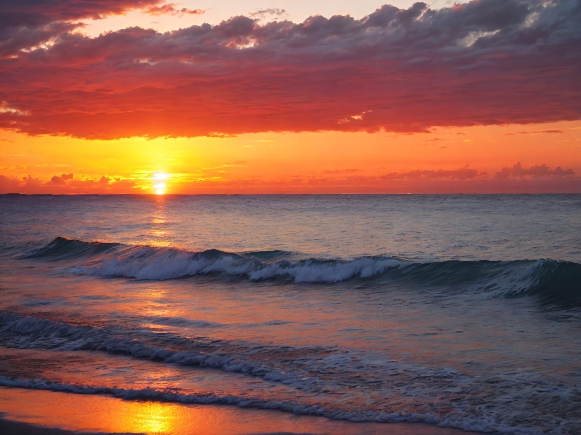 Vibrant Sunset Over Ocean with Gentle Waves