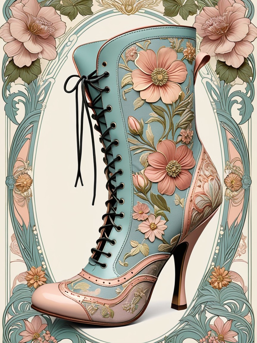 Vintage Light Blue High-Heeled Boot with Floral Design