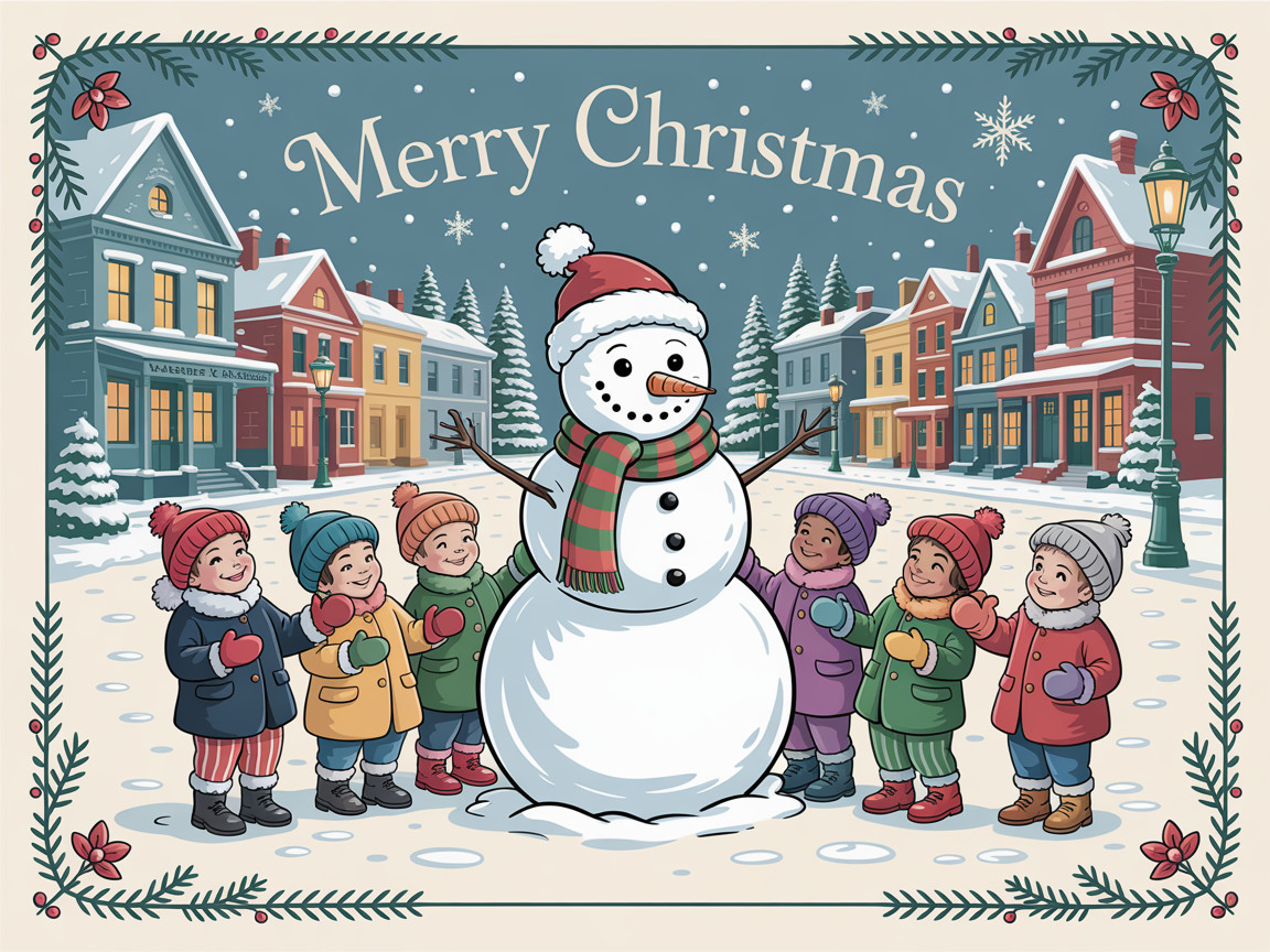 Cheerful winter scene of snowy village and snowman