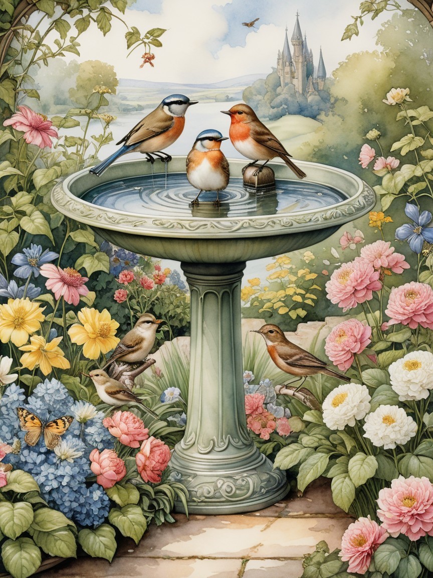 Serene garden with birdbath and colorful flowers