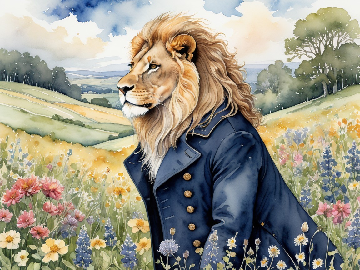 Lion in a Colorful Meadow with Rolling Hills