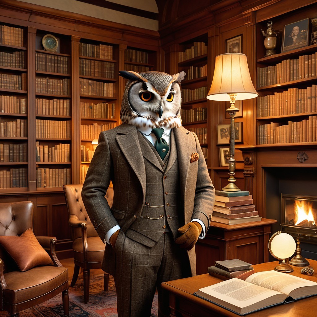 Owl-Headed Figure in Elegant Library Setting