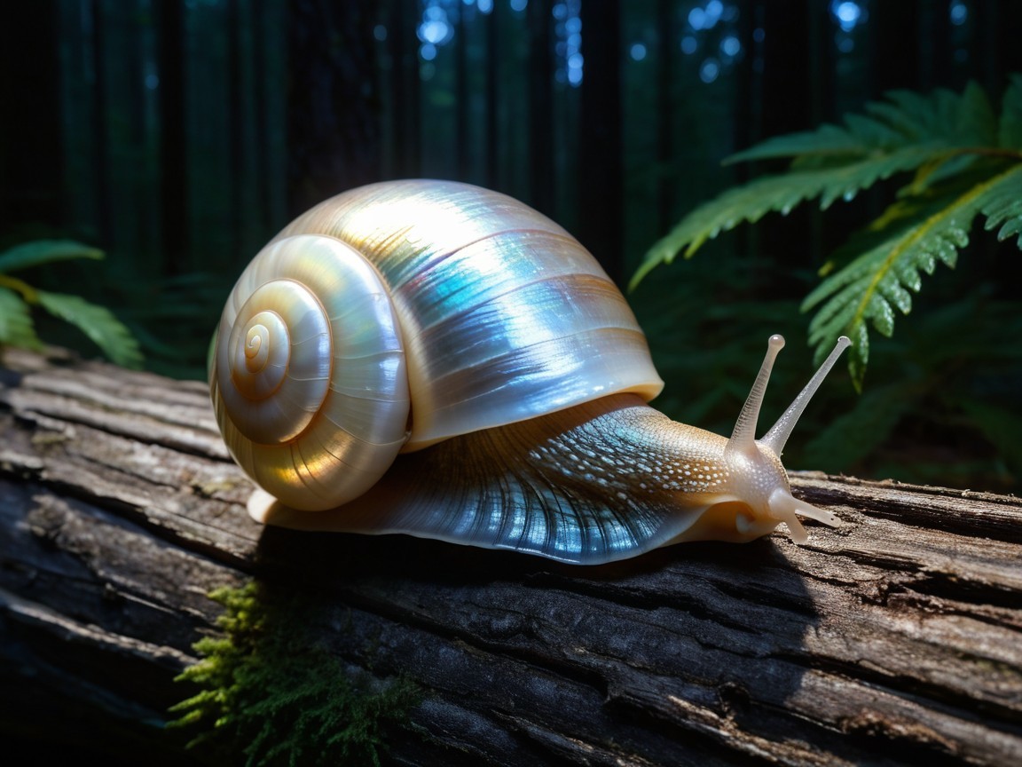 Iridescent Snail on Weathered Log in Lush Forest
