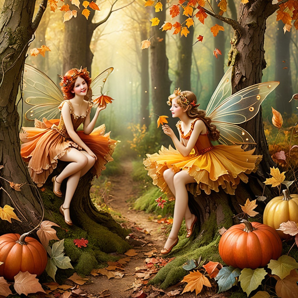 Fairies in Autumn Forest with Colorful Leaves and Pumpkins