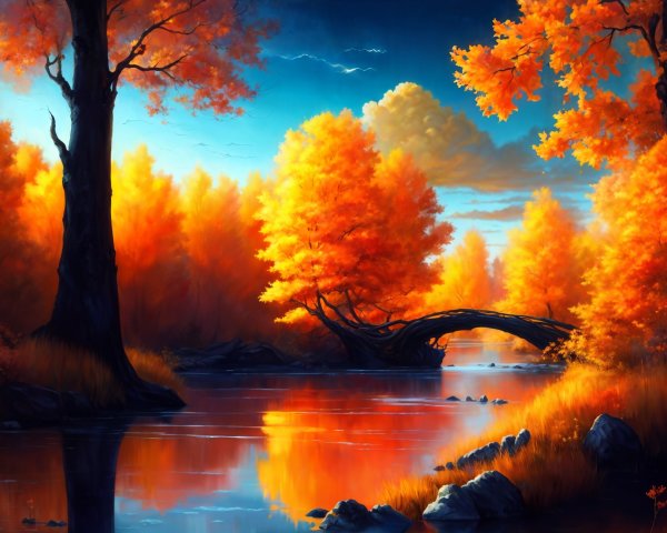Vibrant Autumn Landscape with Calm River and Bridge