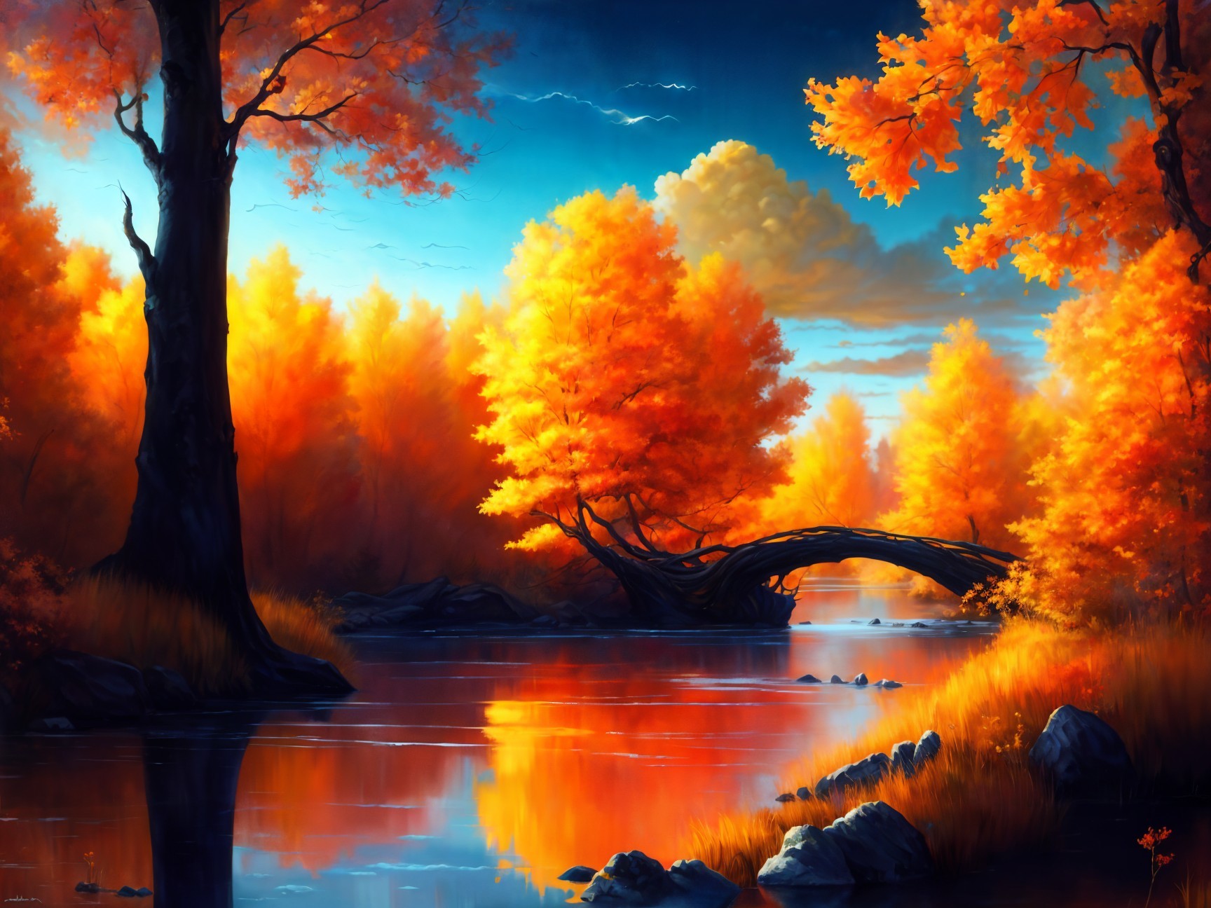 Vibrant Autumn Landscape with Calm River and Bridge