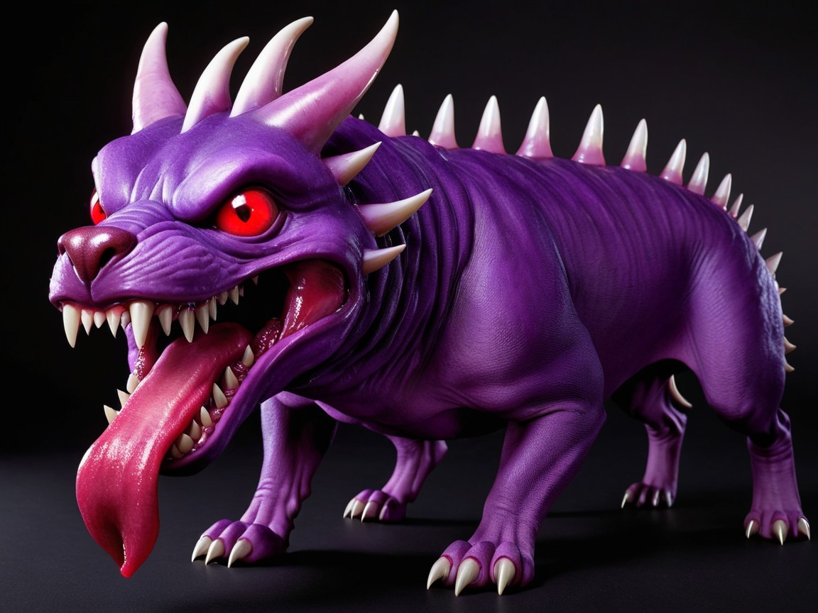 Cartoonish purple creature with sharp spikes and fangs