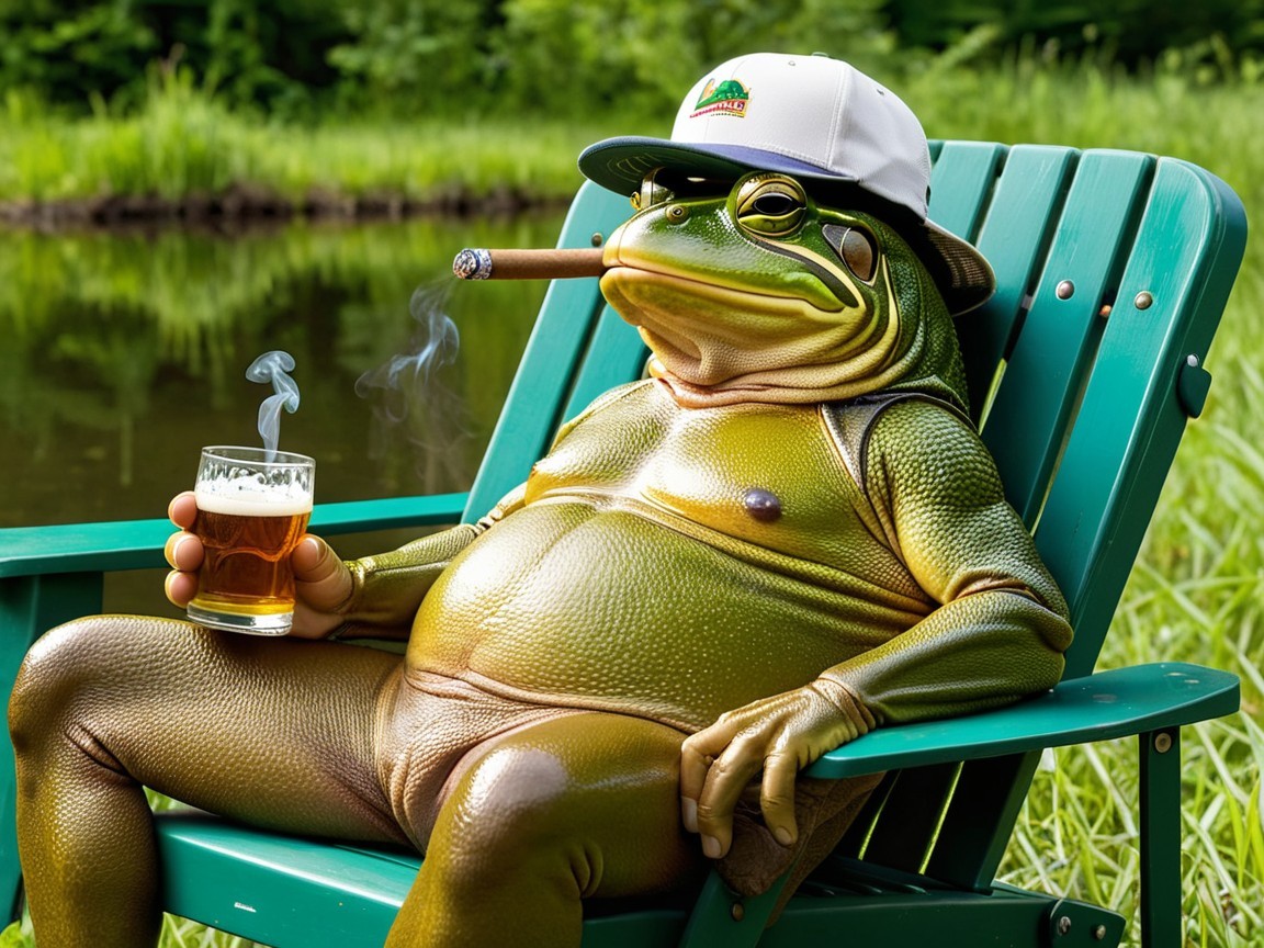 Frog Relaxing in Adirondack Chair by Serene Pond